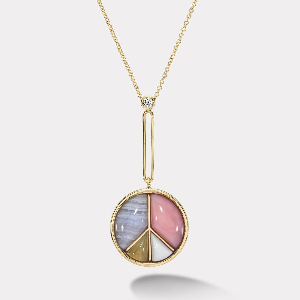 retrouvai Signature Peace Sign Pendant with Blue Lace Agate Pink Opal White Chalcedony and Yellow Aqaumarine