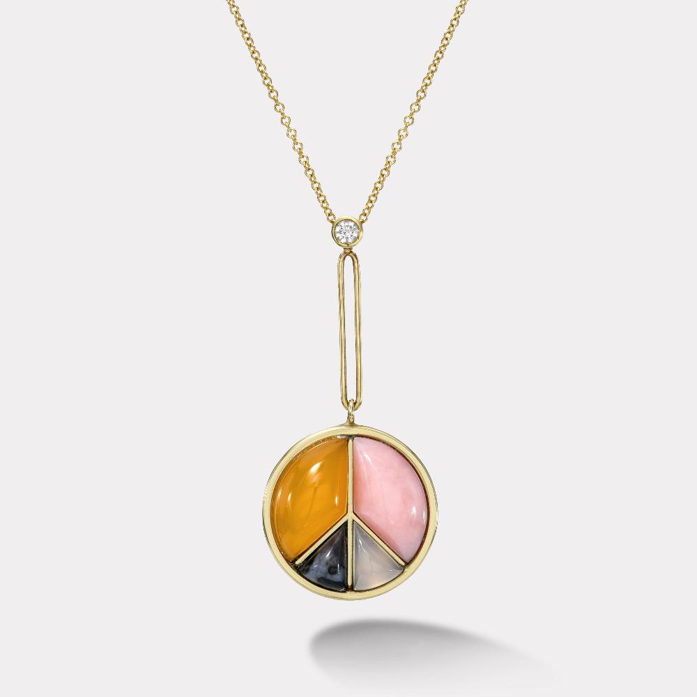 retrouvai Signature Peace Sign Pendant with Carnelian Pink Opal Chalcedony and Spotted Jasper