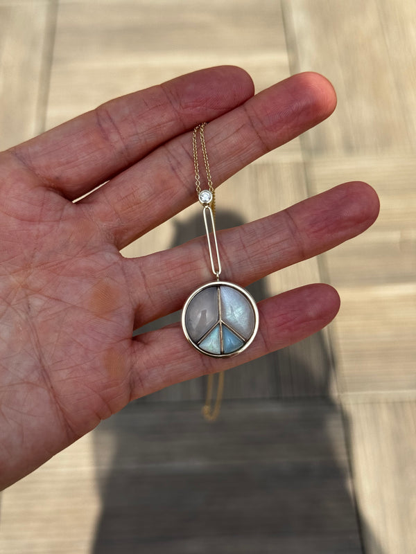 Retrouvai Signature Peace Sign Pendant With Chalcedony Moonstone Peruvian Opal And Australian Opal