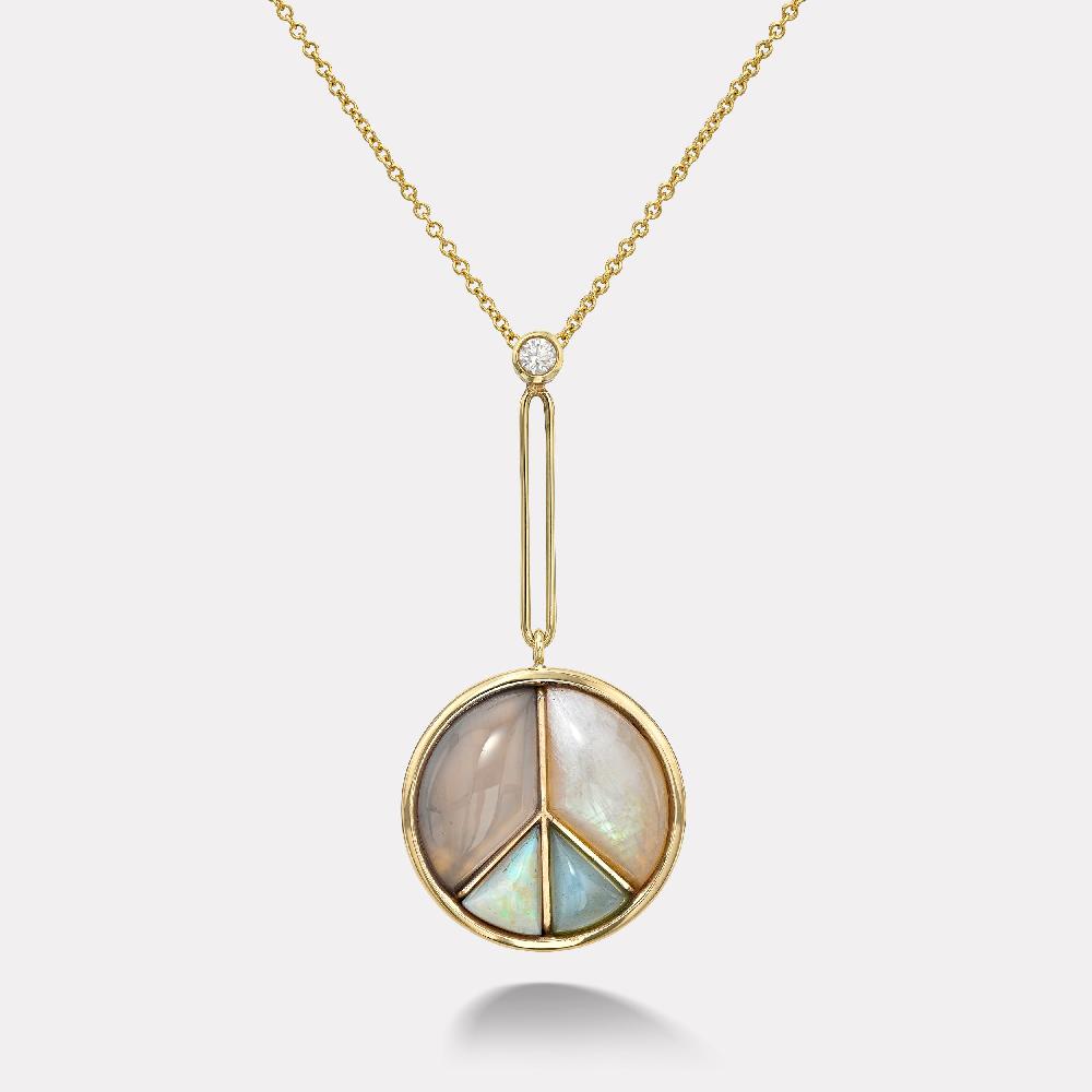 retrouvai Signature Peace Sign Pendant with Chalcedony Moonstone Peruvian Opal and Australian Opal