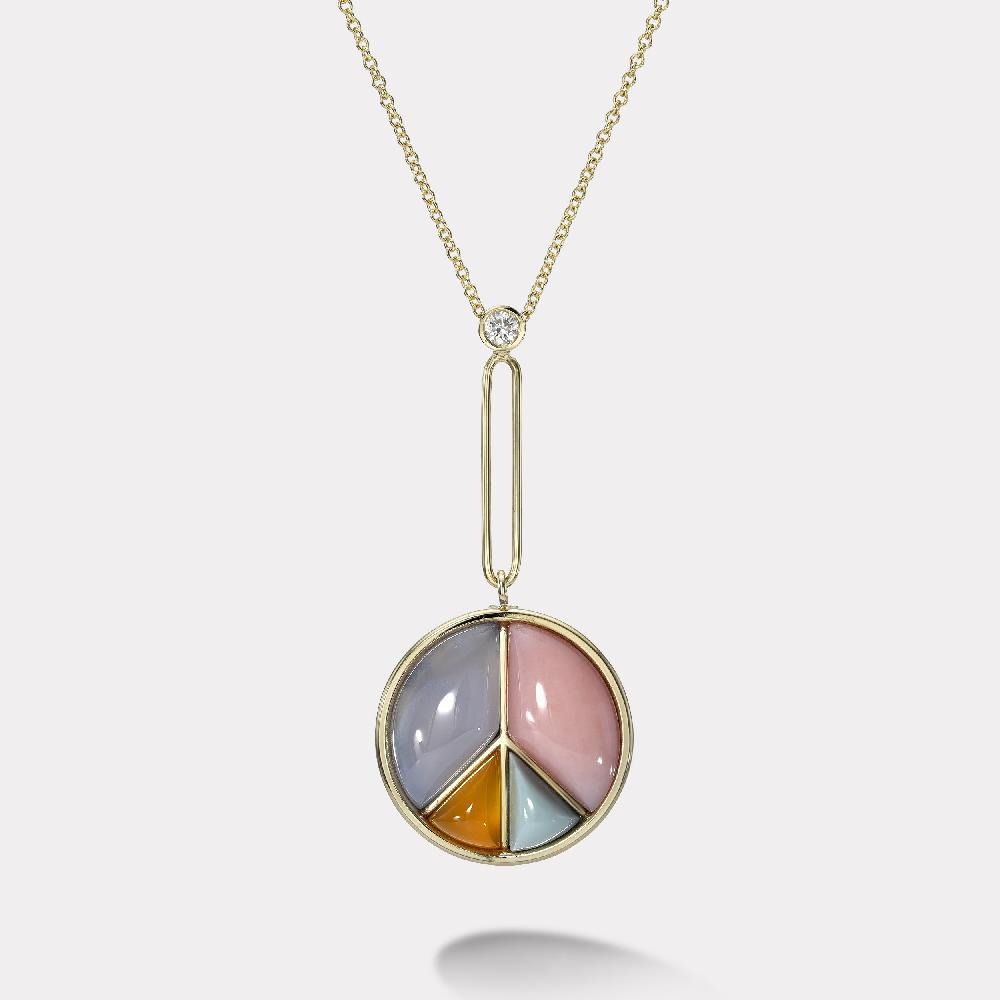 retrouvai Signature Peace Sign Pendant with Chalcedony Pink Opal Turquoise and Carnelian