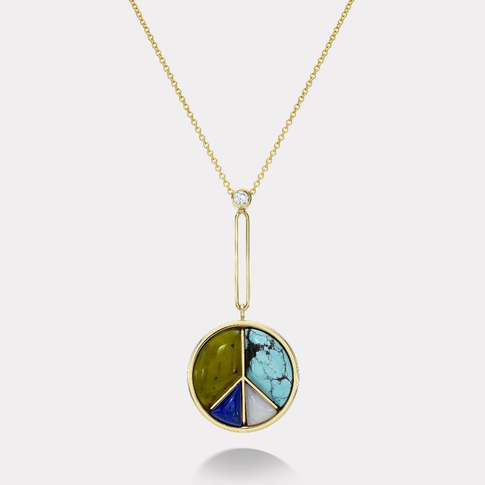 retrouvai Signature Peace Sign Pendant with Green Opal Turquoise White Quartz and Lapis