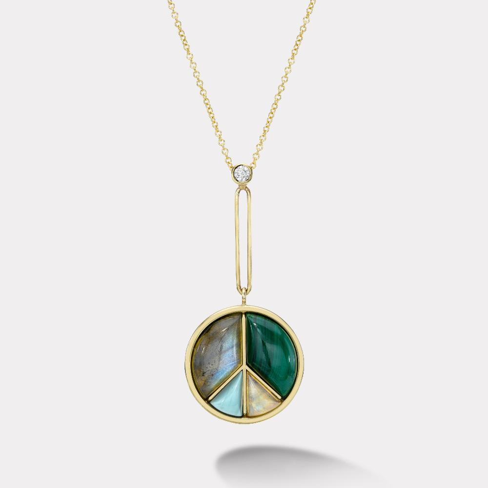 retrouvai Signature Peace Sign Pendant with Labradorite Malachite Moonstone and Turquoise