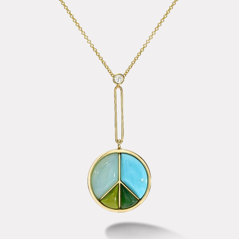 retrouvai Signature Peace Sign Pendant with Peruvian Opal Turquoise Nephrite Jade and Green Opal