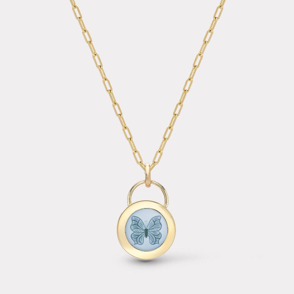 retrouvai Small Butterfly Padlock Intaglio - Double Layer Green Agate