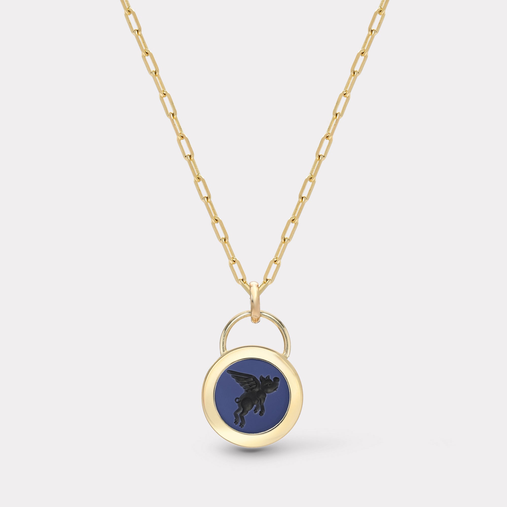 retrouvai Small Flying Pig Padlock Intaglio - Double Layer Black Agate