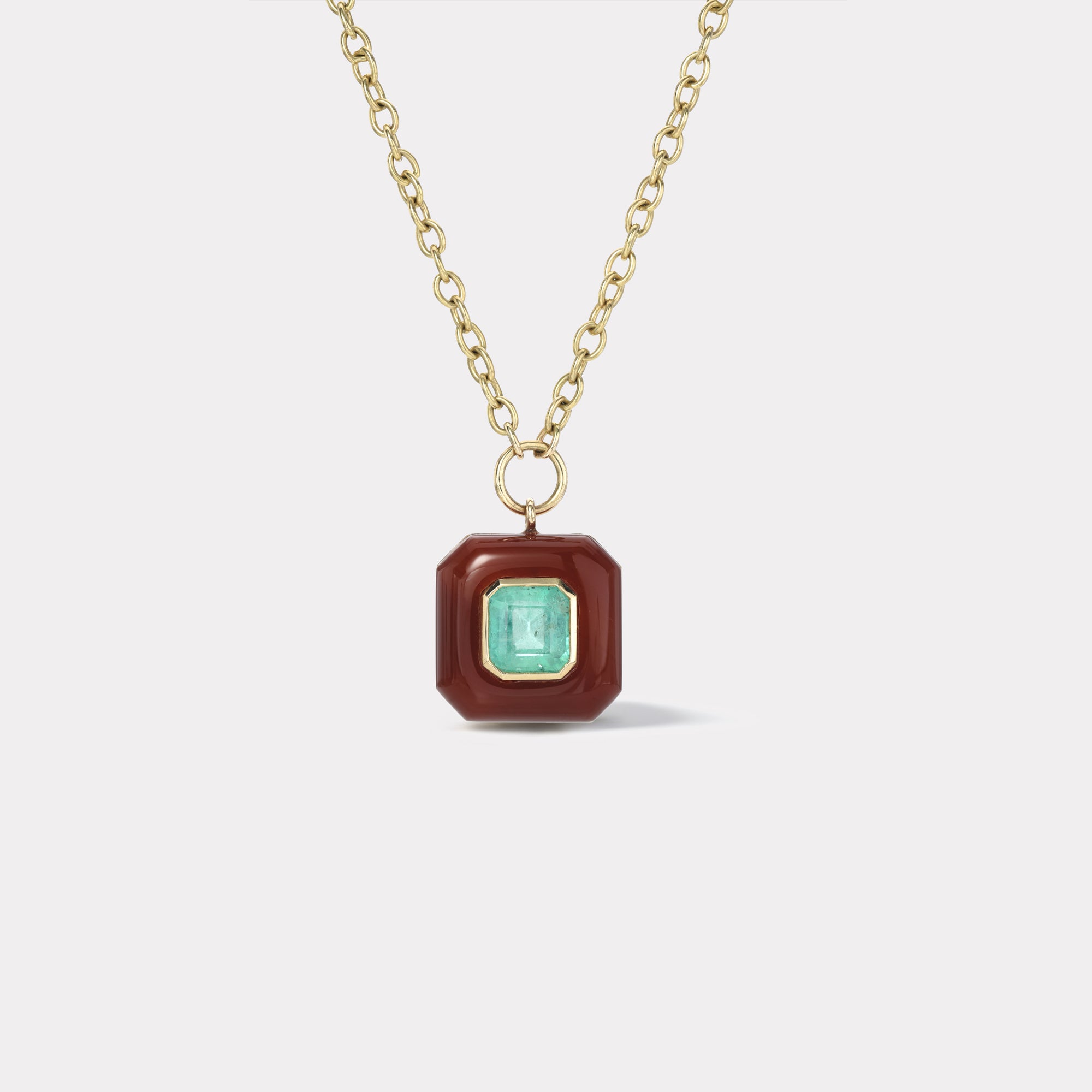 retrouvai Small Lollipop Pendant - Emerald Cut Emerald in Hand Carved Carnelian