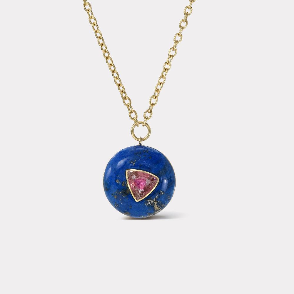 retrouvai Small Lollipop Pendant - Trillion Cut Pink Tourmaline in Hand Carved Lapis