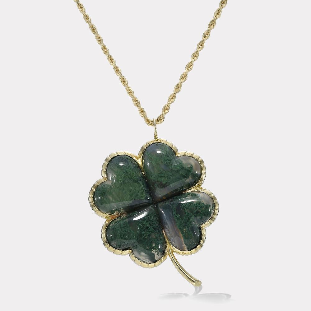 retrouvai Talisman Grandfather Clover Pendant - Moss Agate
