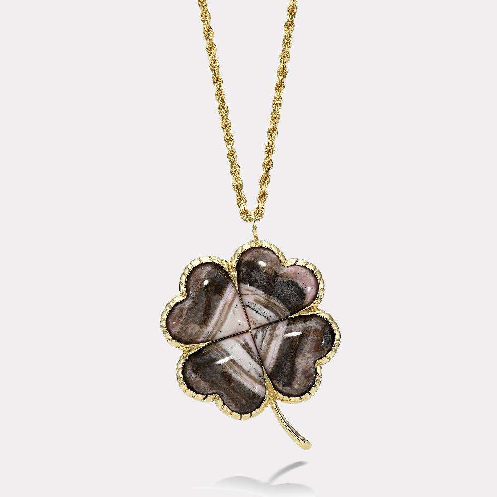 retrouvai Talisman Grandfather Clover Pendant - Rhodochrosite