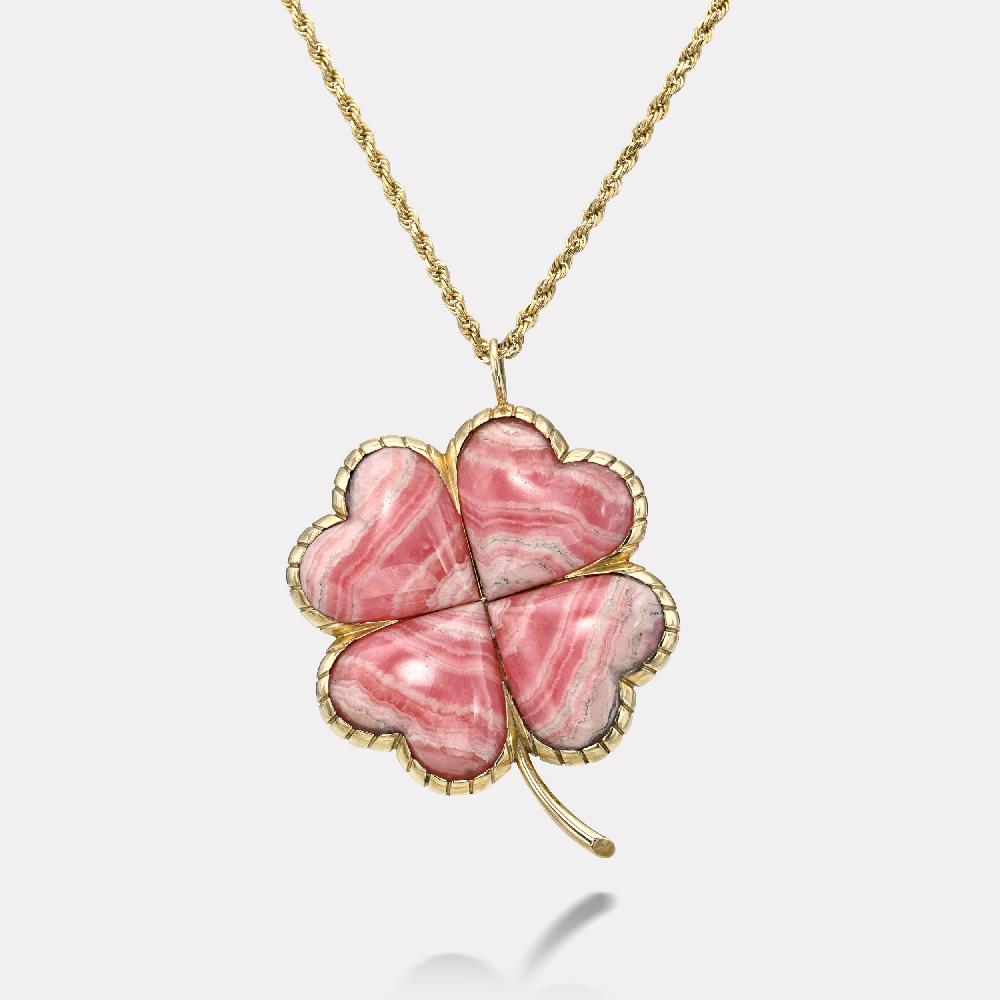 retrouvai Talisman Grandfather Clover Pendant - Rhodochrosite