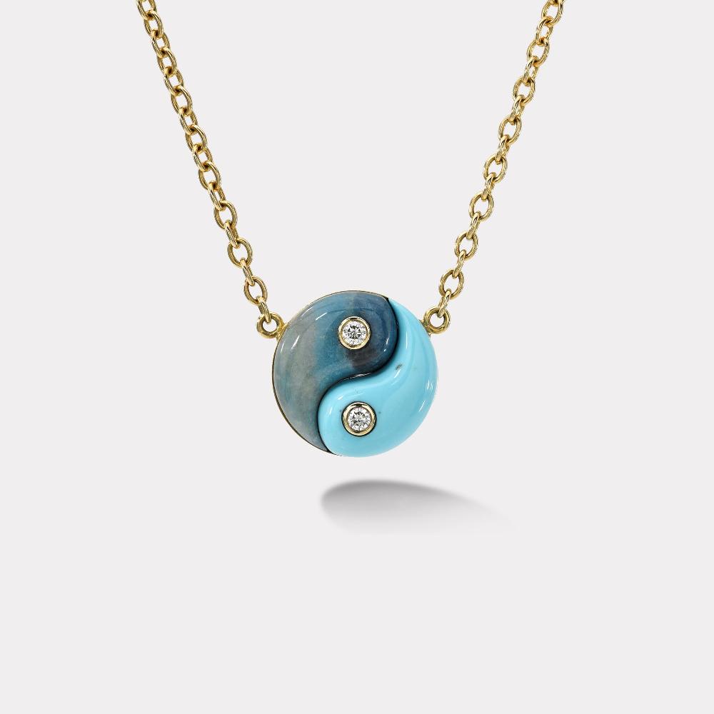 retrouvai Trolleite and Turquoise Double Stone Yin Yang Pendant on Handmade Chain