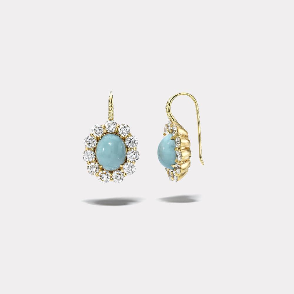 retrouvai Turquoise Cabochons with Diamond Halo Heirloom Bezel Earrings