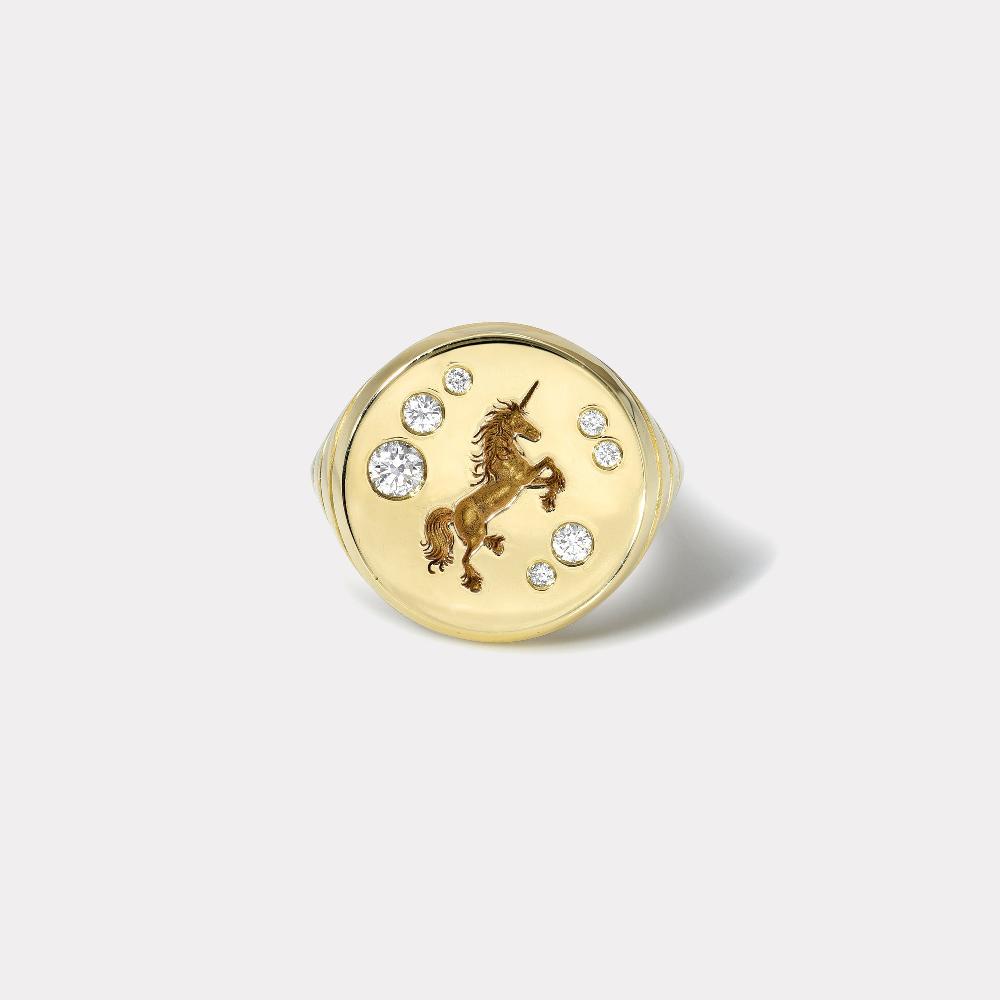 retrouvai Unicorn Fantasy Signet Ring with Diamonds