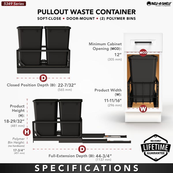 Rev A Shelf Aluminum Pullout Waste Container W/ Soft-Close
