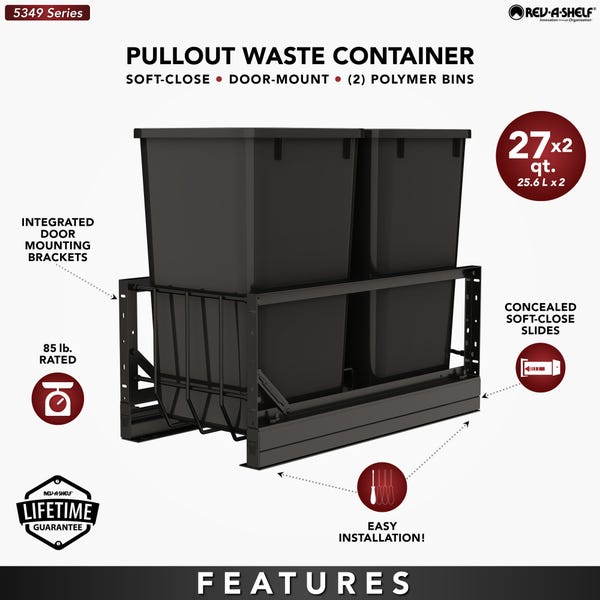Rev A Shelf Aluminum Pullout Waste Container W/ Soft-Close