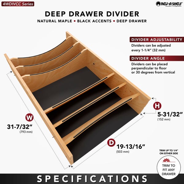 Rev A Shelf Craftsman Collection Solid Wood Adjustable Deep Drawer Divider Insert W/ Black Accents For Base Cabinet Drawers