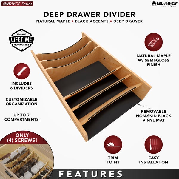 Rev A Shelf Craftsman Collection Solid Wood Adjustable Deep Drawer Divider Insert W/ Black Accents For Base Cabinet Drawers