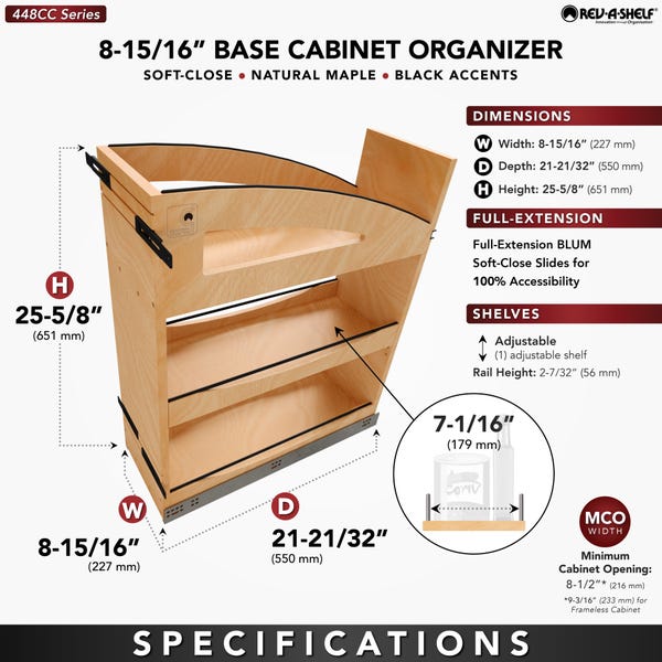 Rev A Shelf Craftsman Collection Solid Wood Base Cabinet Pullout Organizer W/ Black Accents And BLUM Soft-Close Slides