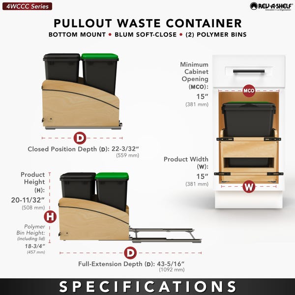 Rev A Shelf Craftsman Collection Solid Wood Bottom Mount Pullout Waste Container W/ Black Accents And BLUM Soft-Close Slides