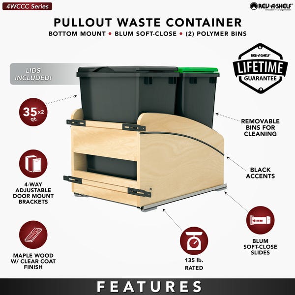 Rev A Shelf Craftsman Collection Solid Wood Bottom Mount Pullout Waste Container W/ Black Accents And BLUM Soft-Close Slides