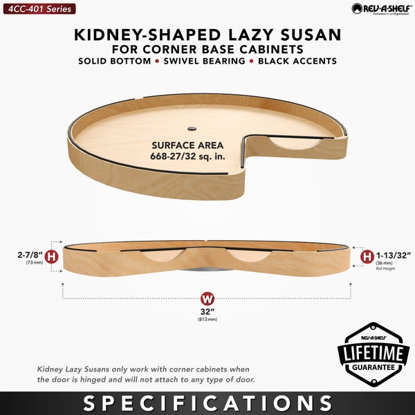 Rev A Shelf Craftsman Collection Solid Wood Kidney-Shaped Lazy Susan For Corner Base Cabinets W/ Swivel Bearing And Black Accents