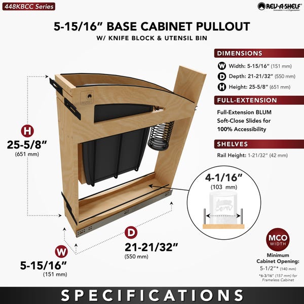 Rev A Shelf Craftsman Collection Solid Wood Knife Block Pullout Organizer W/ Black Accents And BLUM Soft-Close Slides