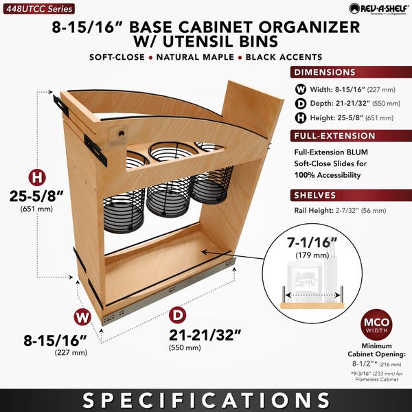 Rev A Shelf Craftsman Collection Solid Wood Utensil Pullout Organizer W/ Black Accents And BLUM Soft-Close Slides