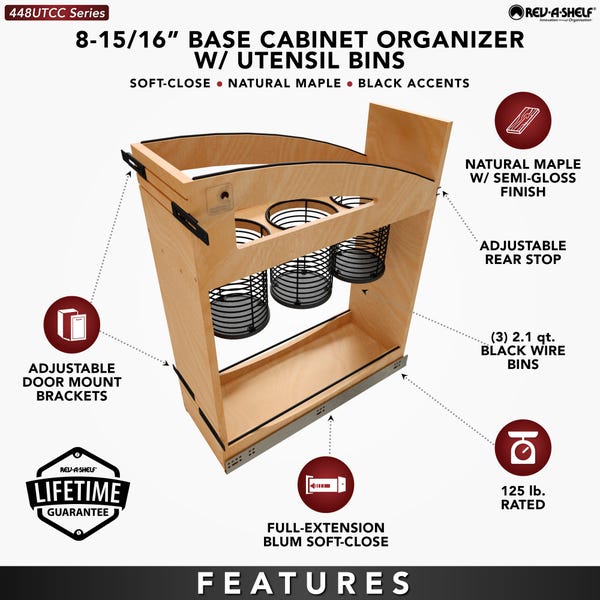 Rev A Shelf Craftsman Collection Solid Wood Utensil Pullout Organizer W/ Black Accents And BLUM Soft-Close Slides
