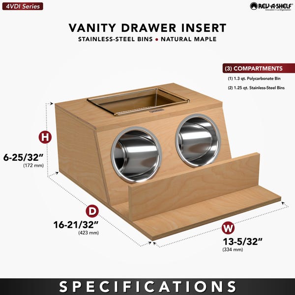 Rev A Shelf Maple Vanity Drawer Insert W/ Stainless Steel Bins For Vanity Base Cabinet Drawers