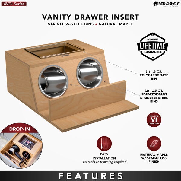 Rev A Shelf Maple Vanity Drawer Insert W/ Stainless Steel Bins For Vanity Base Cabinet Drawers