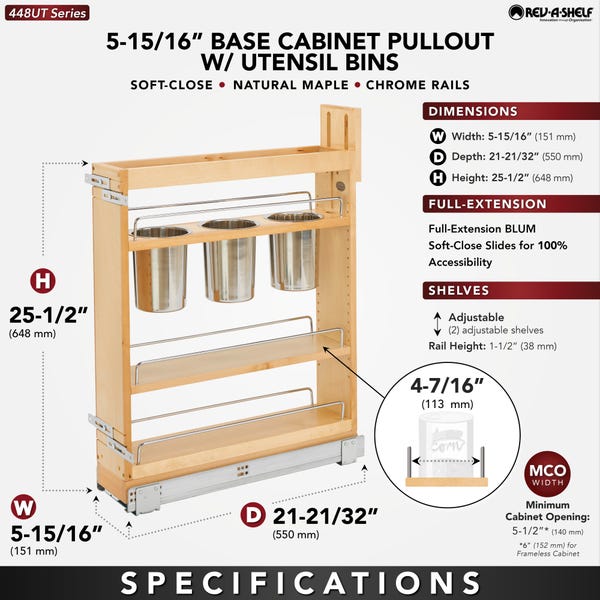 Rev A Shelf Base Cabinet Pullout W/Utensil Bins