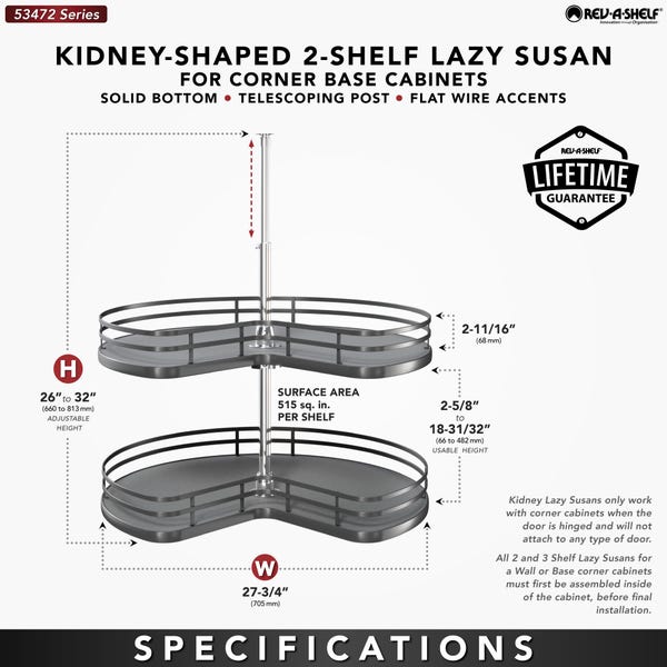 Rev A Shelf Solid Bottom 2-Shelf Kidney-Shaped Lazy Susan For Corner Base Cabinet