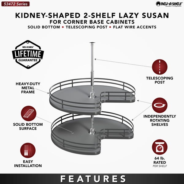 Rev A Shelf Solid Bottom 2-Shelf Kidney-Shaped Lazy Susan For Corner Base Cabinet