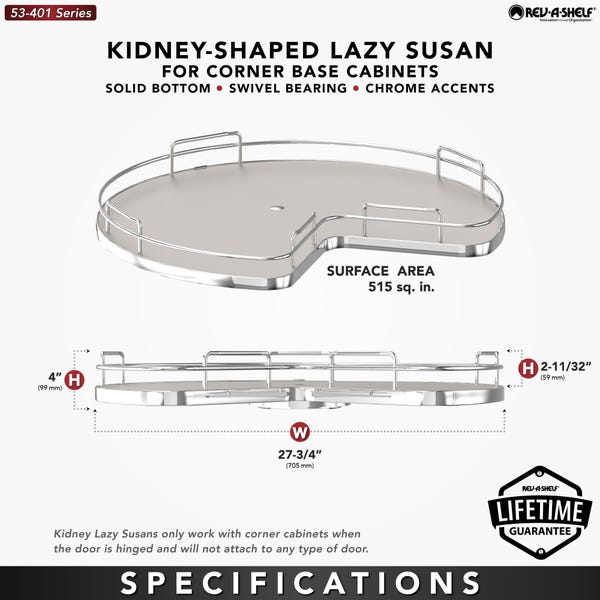 Rev A Shelf Solid Bottom Kidney-Shaped Lazy Susan For Corner Base Cabinet W/ Swivel Bearing