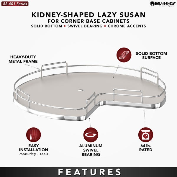 Rev A Shelf Solid Bottom Kidney-Shaped Lazy Susan For Corner Base Cabinet W/ Swivel Bearing