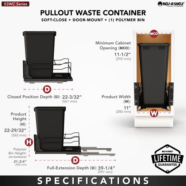 Rev A Shelf Steel Bottom Mount Pullout Waste Container W/ Soft-Close