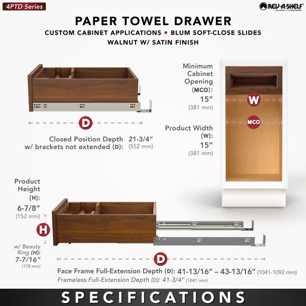 Rev A Shelf Wood Base Cabinet Paper Towel Drawer System W/ BLUM Soft-Close