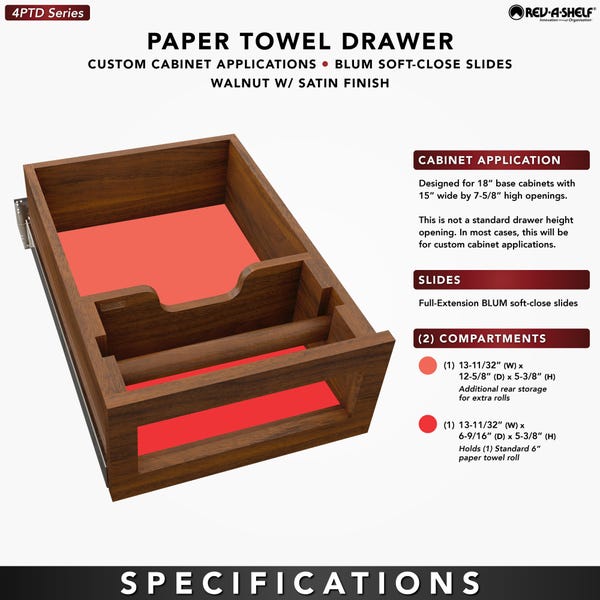 Rev A Shelf Wood Base Cabinet Paper Towel Drawer System W/ BLUM Soft-Close