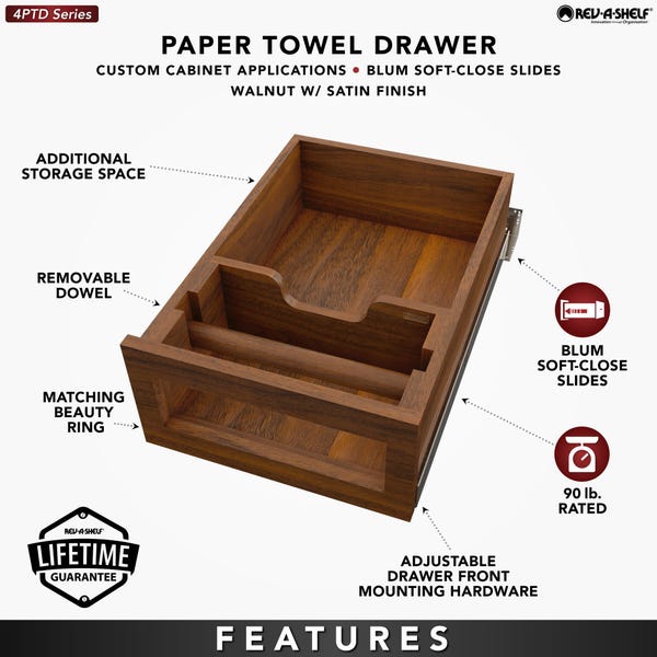 Rev A Shelf Wood Base Cabinet Paper Towel Drawer System W/ BLUM Soft-Close