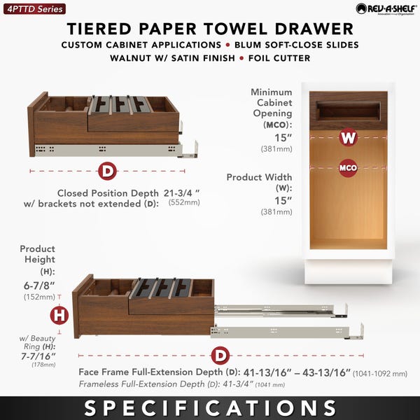 Rev A Shelf Wood Base Cabinet Paper Towel Tiered Drawer System W/ Foil Cutters And BLUM Soft-Close