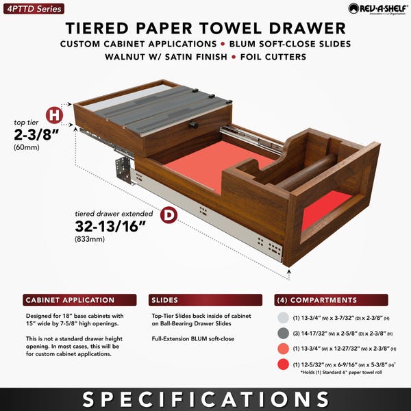 Rev A Shelf Wood Base Cabinet Paper Towel Tiered Drawer System W/ Foil Cutters And BLUM Soft-Close