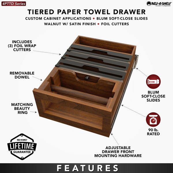 Rev A Shelf Wood Base Cabinet Paper Towel Tiered Drawer System W/ Foil Cutters And BLUM Soft-Close