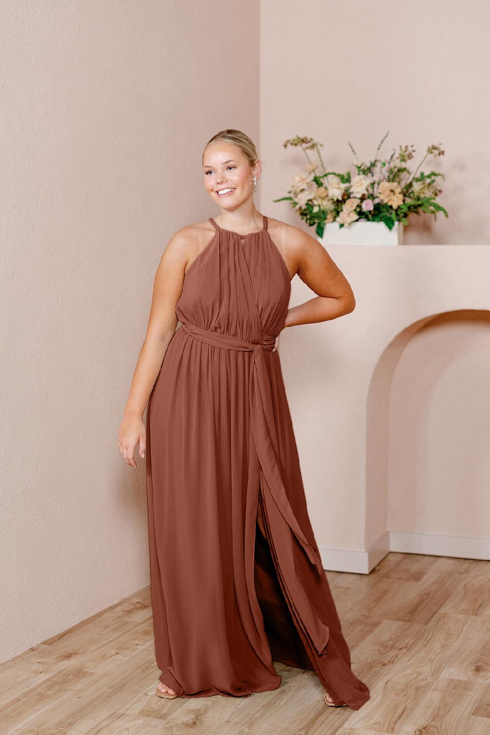 revelry Eliza Chiffon Faux Wrap Dress Cinnamon Rose