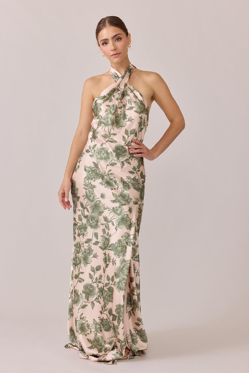 revelry Athena Satin Floral Print Dress