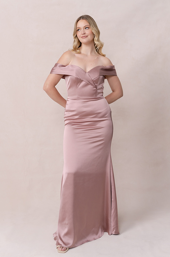 Revelry Bardot Satin Dress