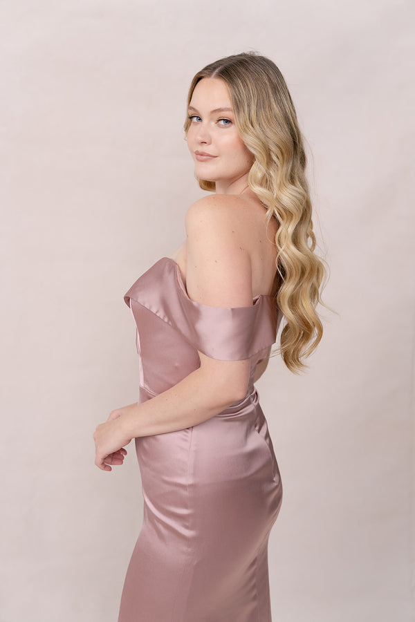 Revelry Bardot Satin Dress