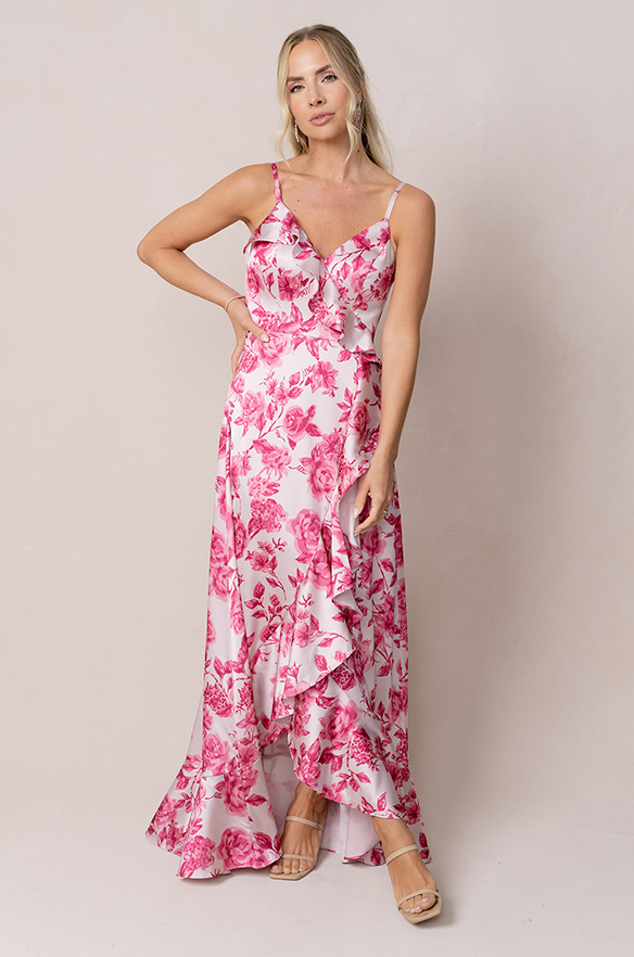Revelry Paloma Satin Floral Print Dress