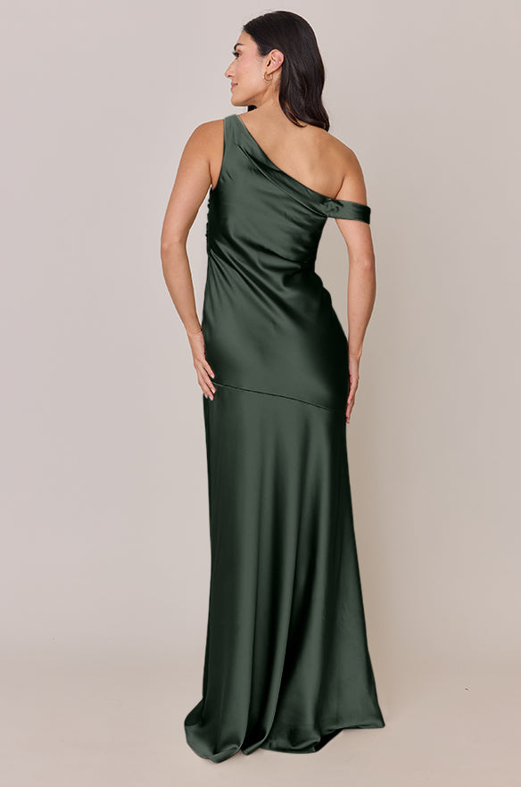 Revelry Sample Deep Olive Livvy Satin Dress