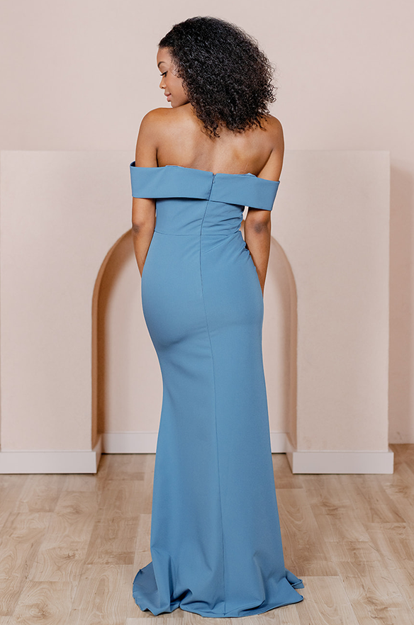 Revelry Sample Dusty Blue Bardot Crepe Dress